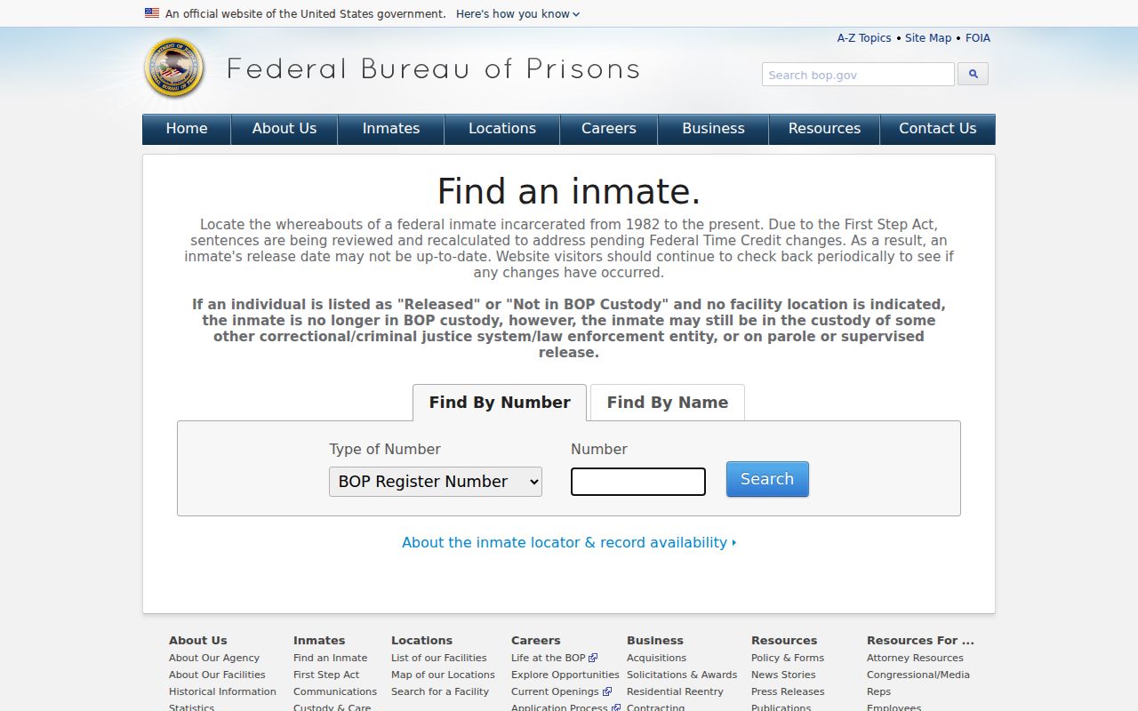 Federal Bureau of Prisons inmate locator search fields