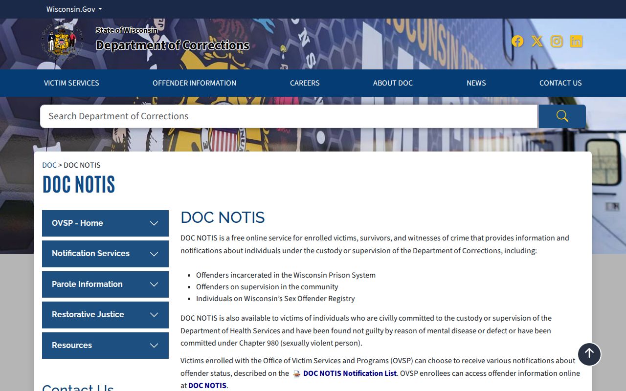 Wisconsin DOC NOTIS custody and supervision notification information