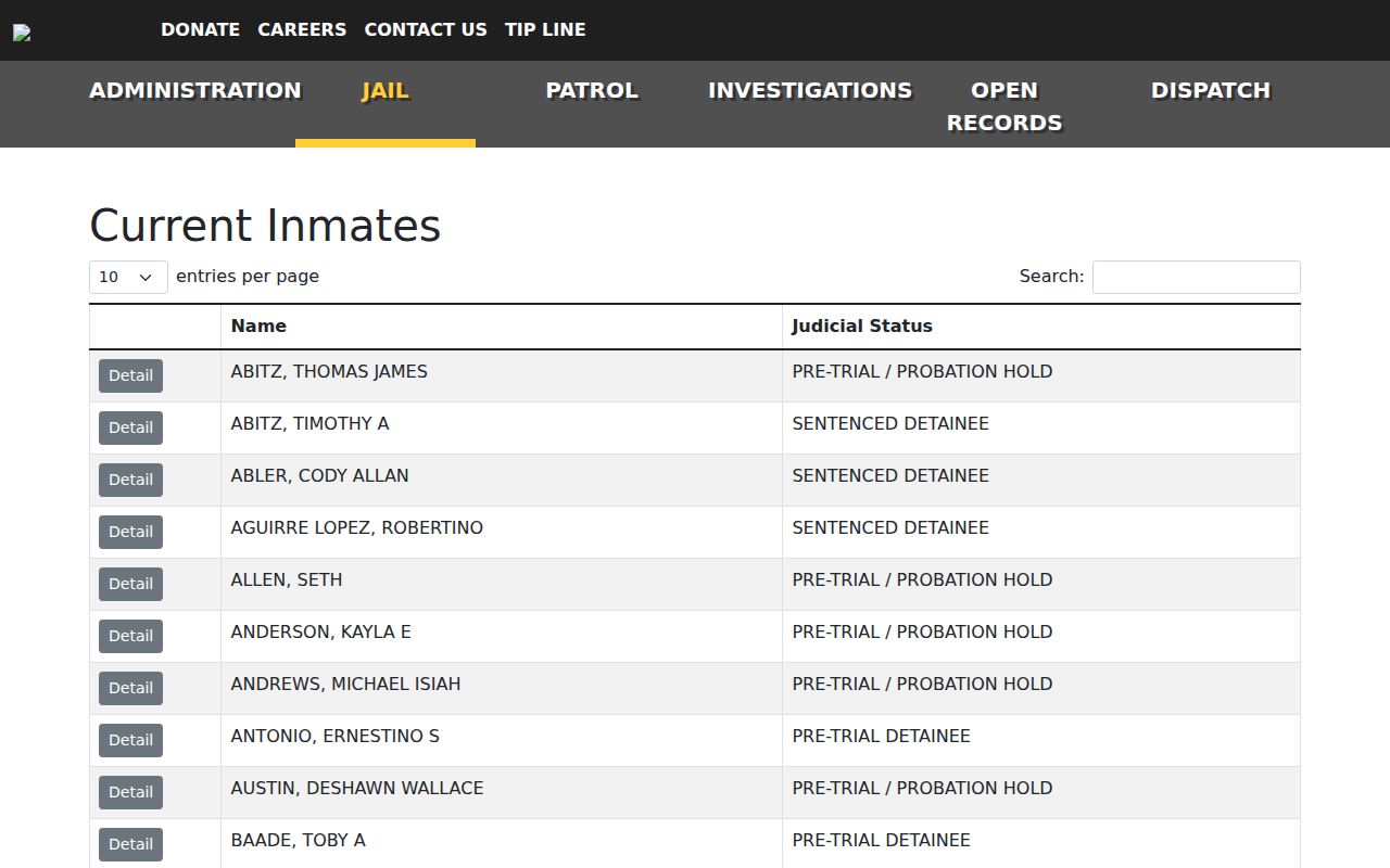 Fond du Lac County Sheriff public jail roster interface