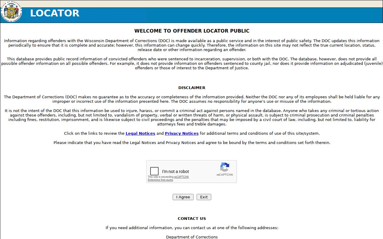 Wisconsin DOC person in care or client locator search