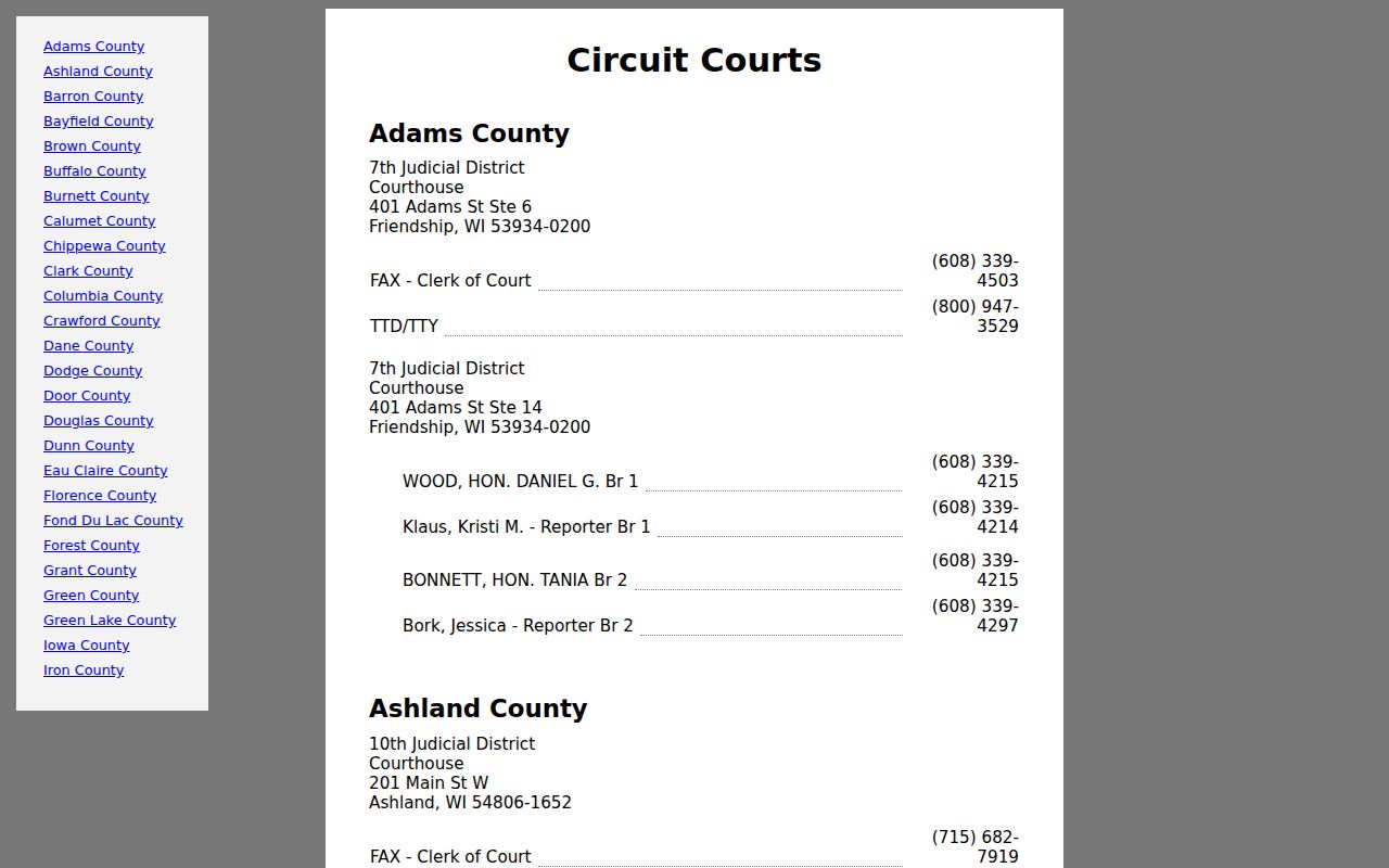 Wisconsin court directory listing Fond du Lac County Circuit Court branches