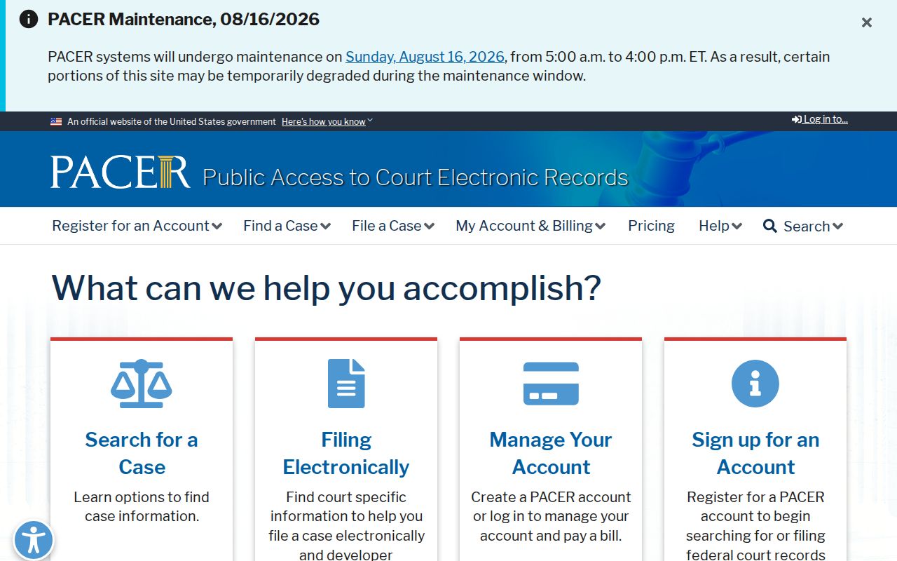 PACER federal court case search and account portal
