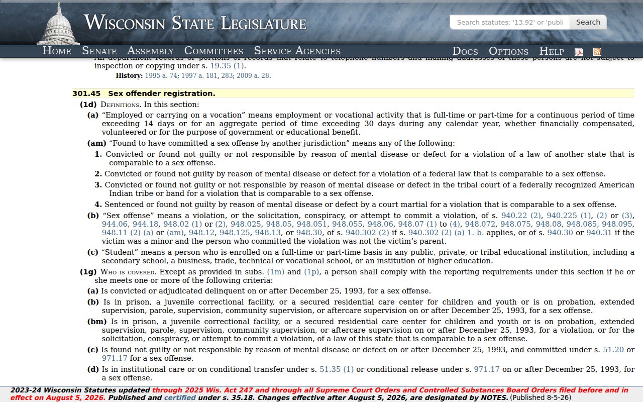 Fond du Lac County sex offender registration statute source