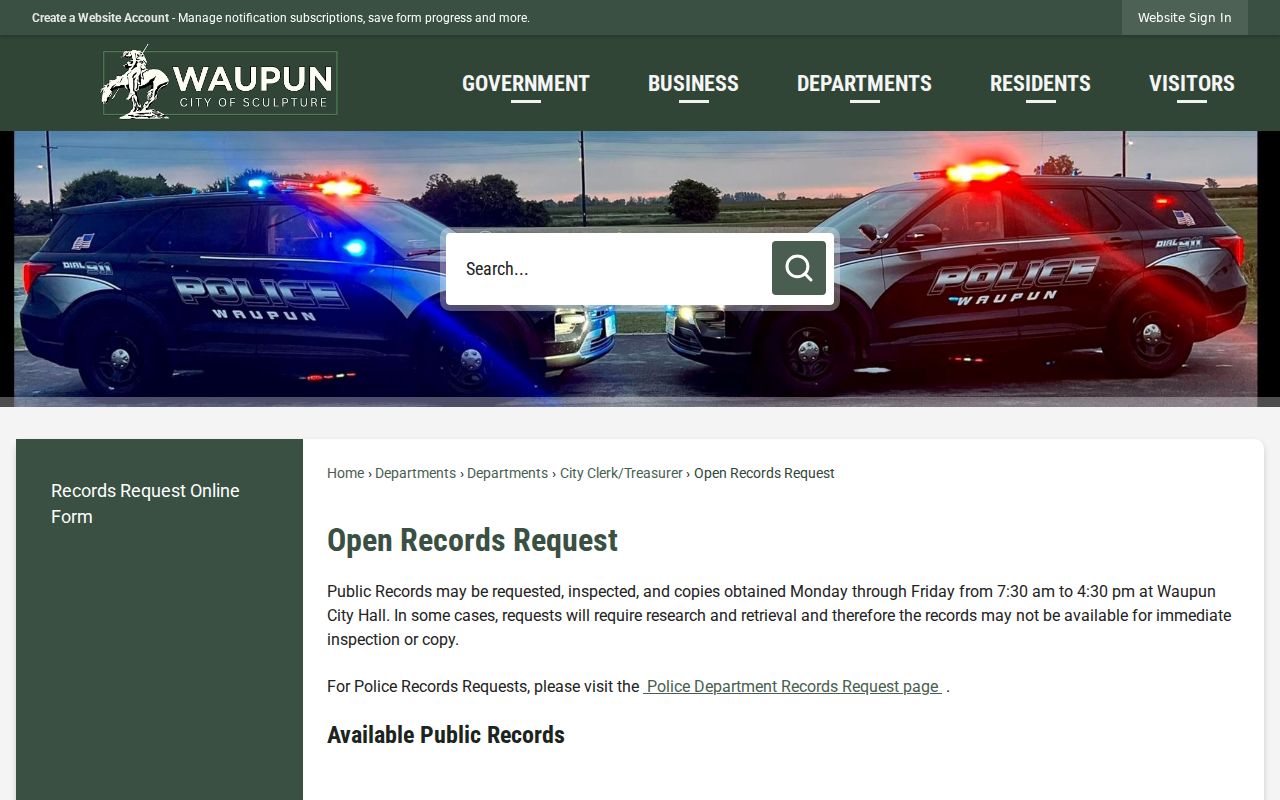 Waupun criminal records request and City Hall fee information
